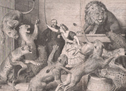 Woman controlling menagerie of wild animals