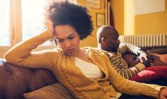 Angry African American woman had a fight with her boyfriend at home.